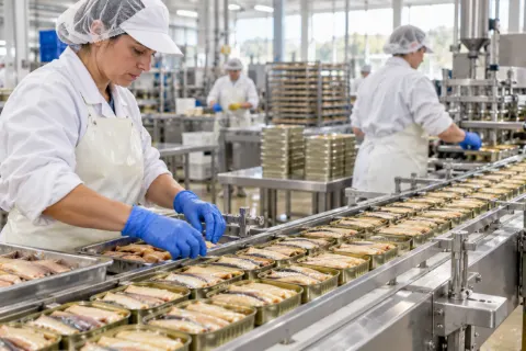Operarias en una línea de envasado de la industria alimentaria